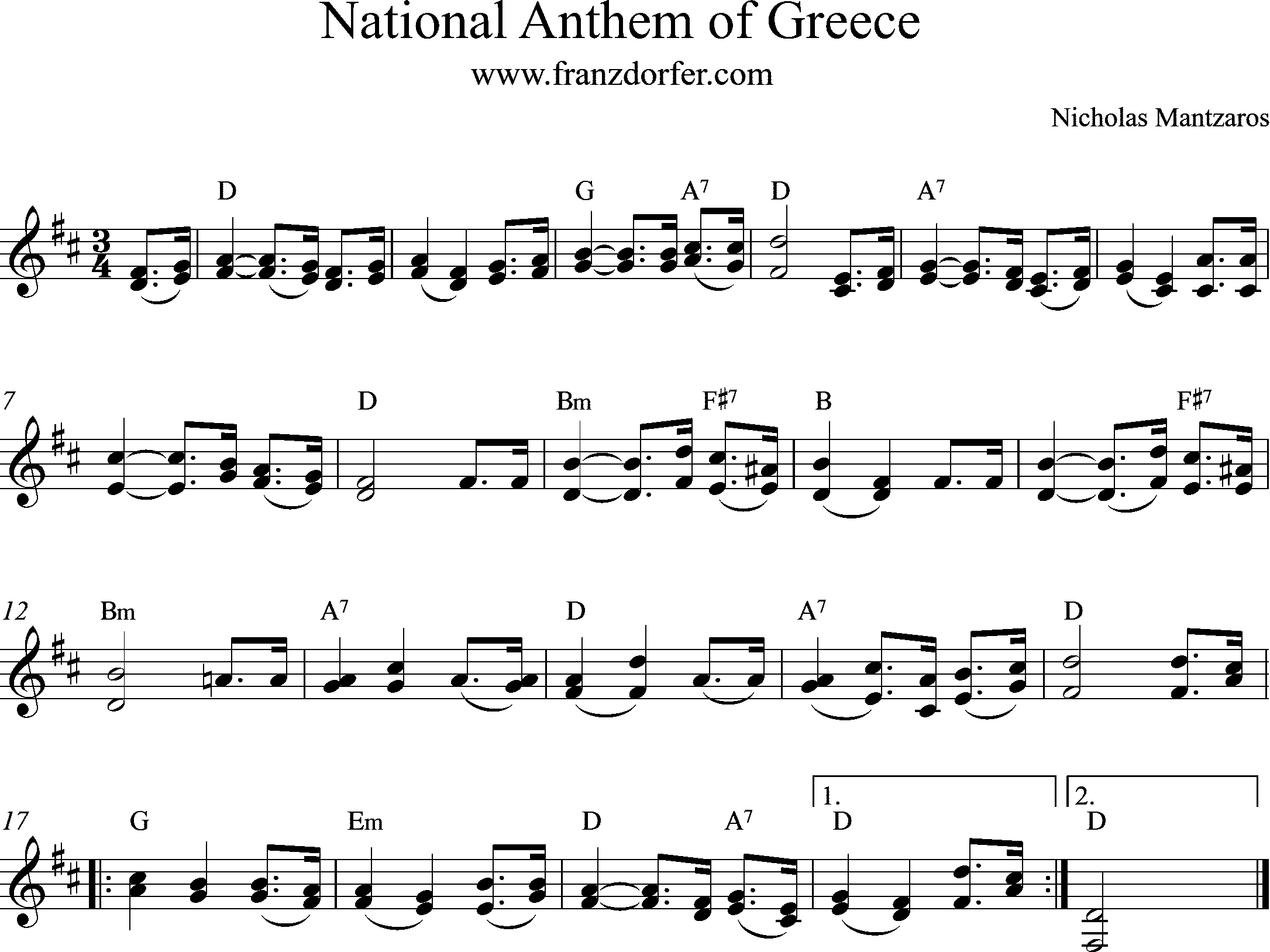 sheetmusic, D-Major, Nation Anthem Greece